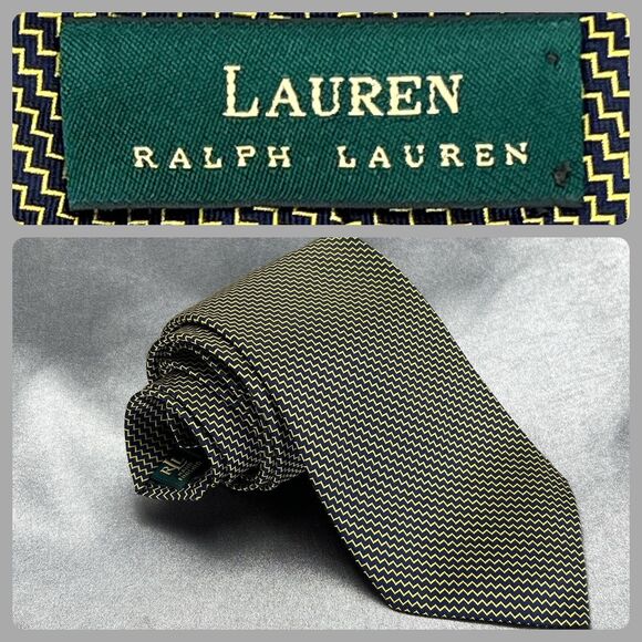 VTG Ralph Lauren 100% Silk Tie Gold Black Zig Zag Handmade USA Repp Necktie Prom - Picture 1 of 10